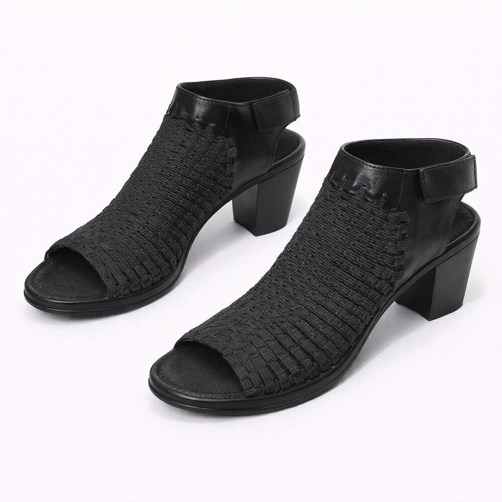 STEVEN by Steve Madden Elmore Woven Chic Heeled Sandals – Black Open Toe Size 6